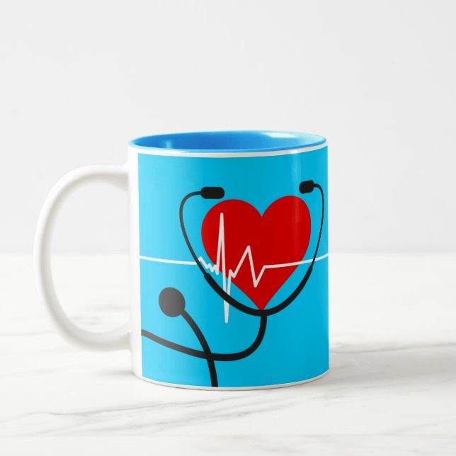 Tasse 2 Couleurs Red Heart EKG et Stethoscope bleu Médicale   (Gauche)