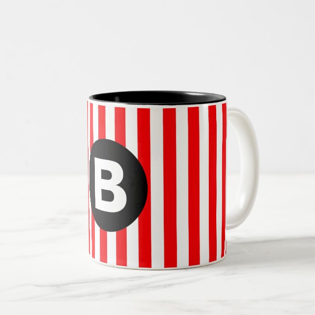 Tasse 2 Couleurs Red White Vertical Stripes Black Monogram (Devant droit)