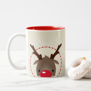 Tasse 2 Couleurs REINDEER PEEKING mignon nez rouge rudolph ivoire o