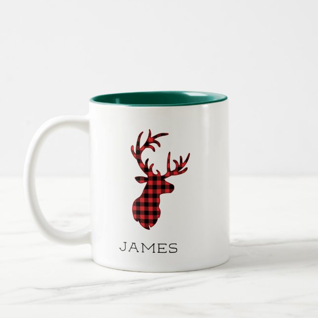 Tasse 2 Couleurs Reindeer Red Buffalo Plaid Noël personnalisé (Gauche)