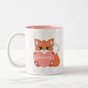 Tasse 2 Couleurs Renard Mignon Tenant un Cœur & Motif de Patte