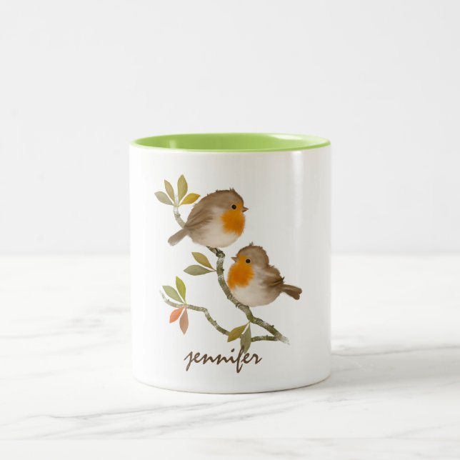 Tasse 2 Couleurs Robin personnalisé mignon rouge boue d'oiseaux (Centre)