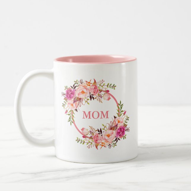 Tasse 2 Couleurs Rose d'aquarelle de maman floral (Gauche)