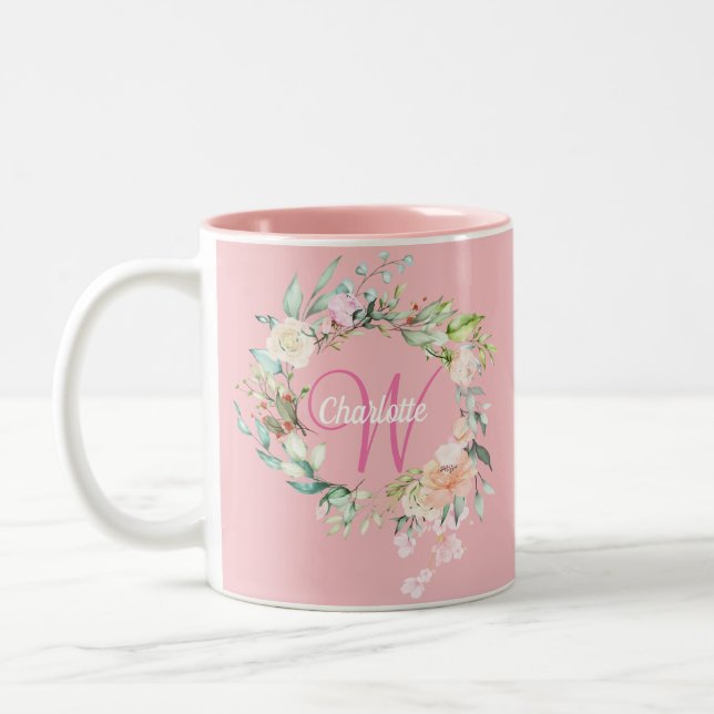 Tasse 2 Couleurs Rose Floral Élégant Script Monogramme rose (Gauche)