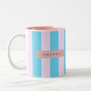 Tasse 2 Couleurs Rose pastel et bleu rayé personnalisé