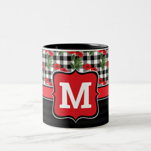Tasse 2 Couleurs Rouge Shabby Chic, Coquelicots Noir & Blanc Monogr