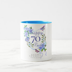 Tasse 2 Couleurs Ruban de rose bleue Anniversaire 70 ans