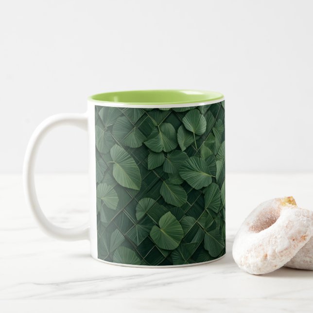 Tasse 2 Couleurs Rythme verdoyant : Grille de feuilles tropicales (Avec donut)
