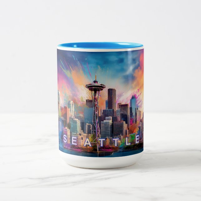 Tasse 2 Couleurs Seattle Skyline Urban City Art (Centre)