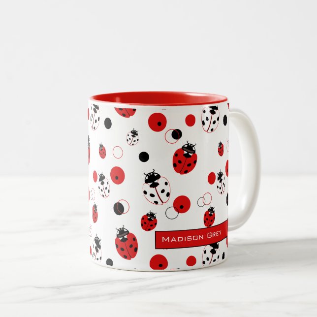 Tasse 2 Couleurs Simple Motif Ladybug rouge, noir et blanc (Devant droit)