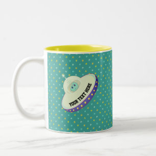 Tasse 2 Couleurs Soucoupe volante moderne & étoiles sur turquoise