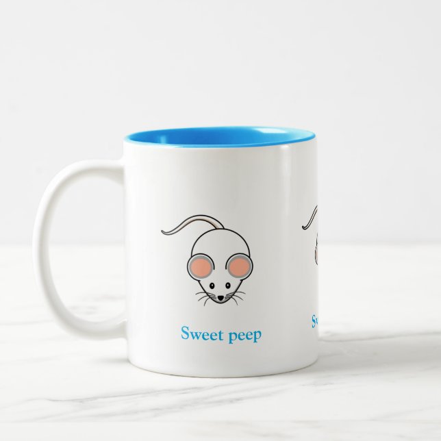 Tasse 2 Couleurs Souris blanc et calligraphie turquoise (Gauche)