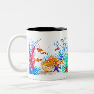 Tasse 2 Couleurs Sous la mer aquarelle poissons océan côtier mer