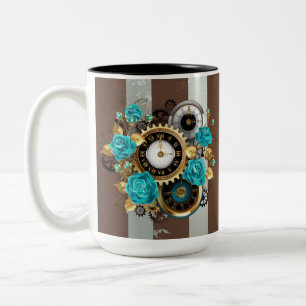 Tasse 2 Couleurs Steampunk Clock and Turquoise Roses on Striped