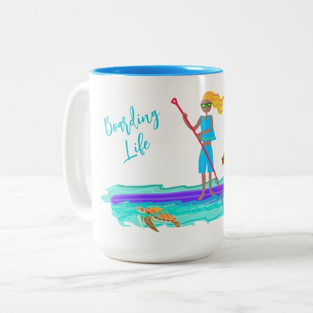 Tasse 2 Couleurs SUP Illustré Paddleboard Avec Chien (Devant gauche)