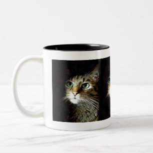Tasse 2 Couleurs Tabby Chat Aux Yeux Verts Isolé Sur Noir