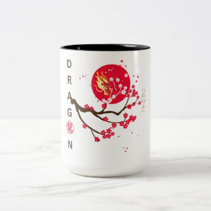Tasse 2 Couleurs Tête de dragon en lune rouge avec fleur de cerisie