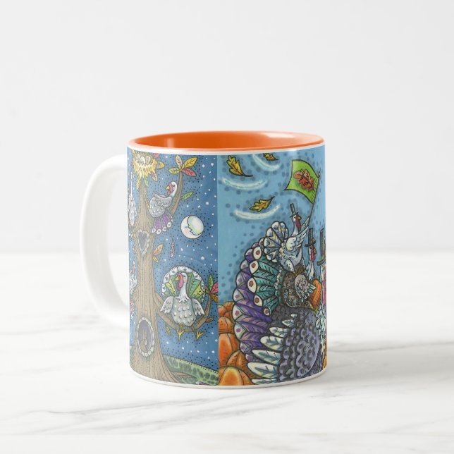 TASSE 2 COULEURS THANKSGIVING COLLECTION 3 ILLUSTRATIONS TURQUIE MU (Devant gauche)