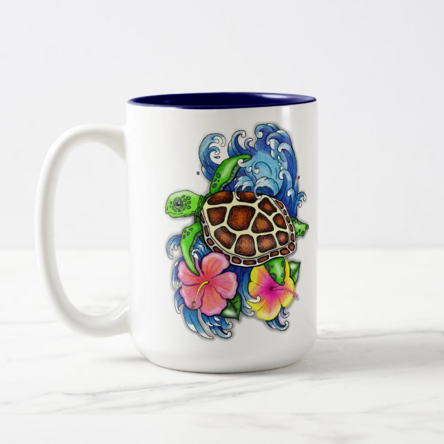 Tasse 2 Couleurs Tortue de mer tropicale et Hibiscus (Gauche)