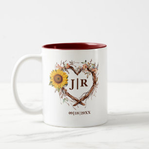 Tasse 2 Couleurs Tournesol rustique Monogramme Mariage Branche card