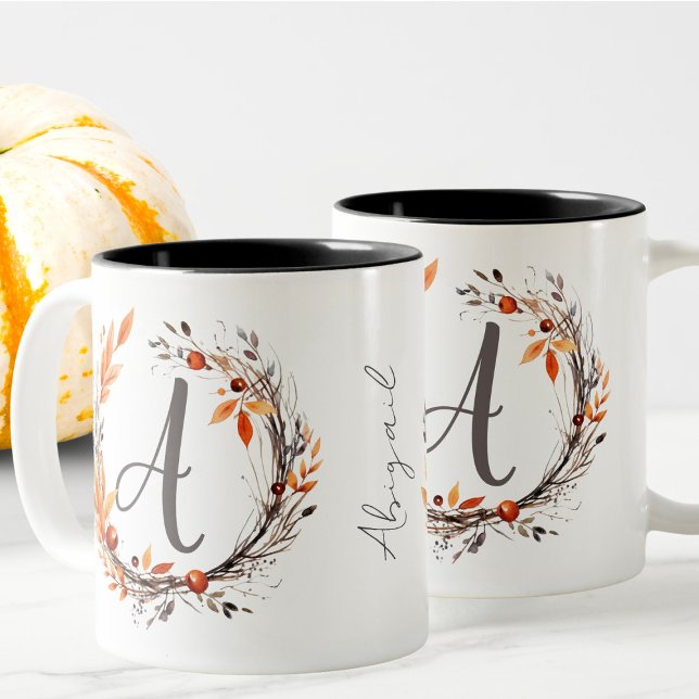 Tasse 2 Couleurs Toutes Les Lettres Modernes Boho Foliage Monogramm (Créateur téléchargé)