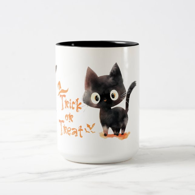 Tasse 2 Couleurs Trick ou Treat Cute chat noir Halloween (Centre)