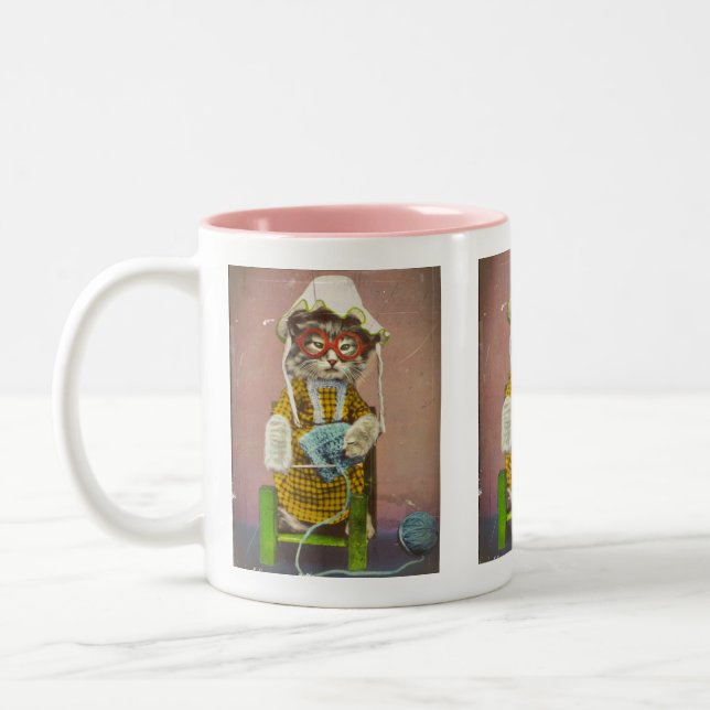 Tasse 2 Couleurs Tricot de chat grand-mère (Gauche)