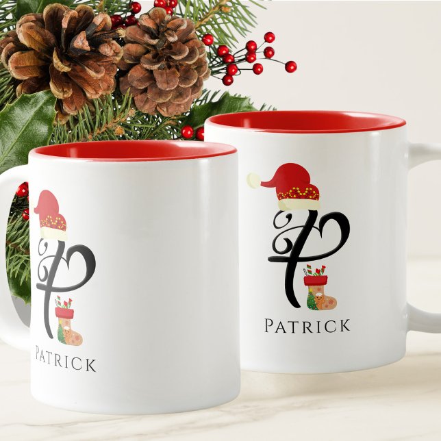 Tasse 2 Couleurs Typographie Initiale Moderne Nom Lettre P Noël (Créateur téléchargé)