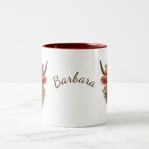 Tasse 2 Couleurs Vache boho Highland moderne avec fleurs