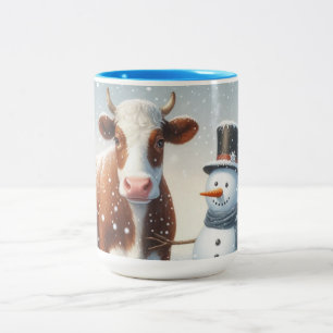 Tasse 2 Couleurs Vache mignonne et bonhomme de neige dans le champ 