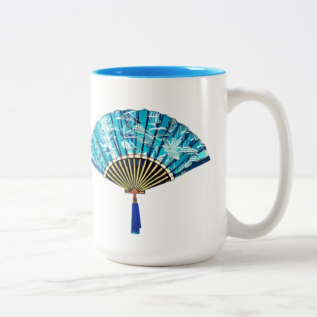 Tasse 2 Couleurs Ventilateur japonais en bleu turquoise et blanc (Droit)