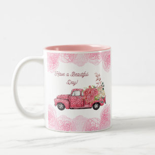 Tasse 2 Couleurs Vieux camionnette Vintage rose avec fleurs