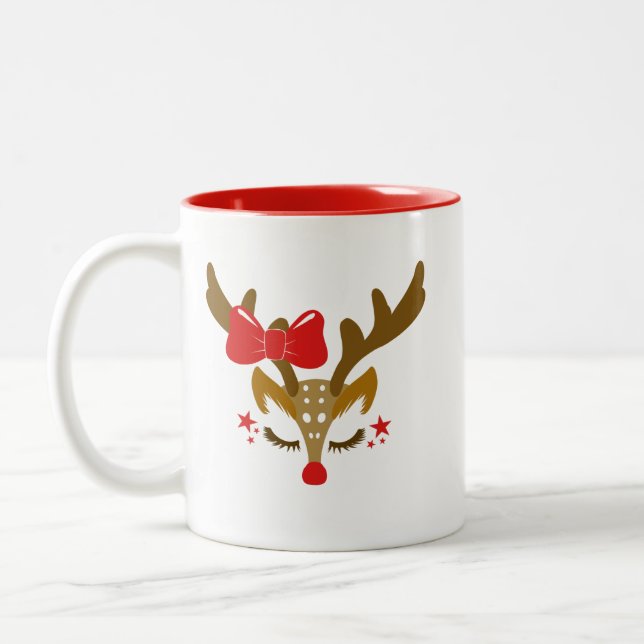 Tasse 2 Couleurs Visage personnalisé de rennes de Noël (Gauche)