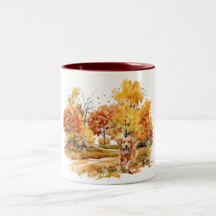 Tasse 2 Couleurs Watercolor Fall Chien Design - Golden Retriever