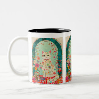 Tasse 2 Couleurs Whimsical Floral Meadow Cat Art