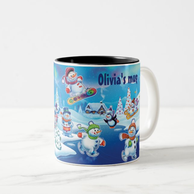 Tasse 2 Couleurs Winter Wonderland snow people muette nom personnal (Devant droit)