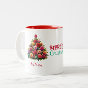 Tasse 2 Couleurs Zinnia Flower Christmas Tree Joyeux Noël Nom