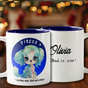 Tasse 2 Couleurs Zodiac Pisces Cute Watercolor Chien date du nom pe