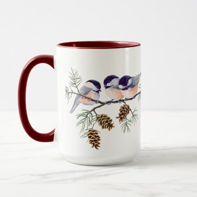 Tasse 3 CHICKADEES et CÔNES par SHARON SHARPE (Gauche)