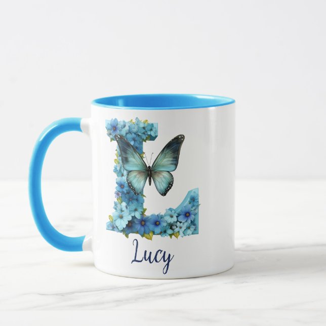 Tasse à café à monogramme bleu floral 11 oz (Gauche)