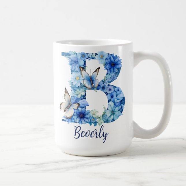 Tasse à café à monogramme bleu floral 15 oz (Droite)
