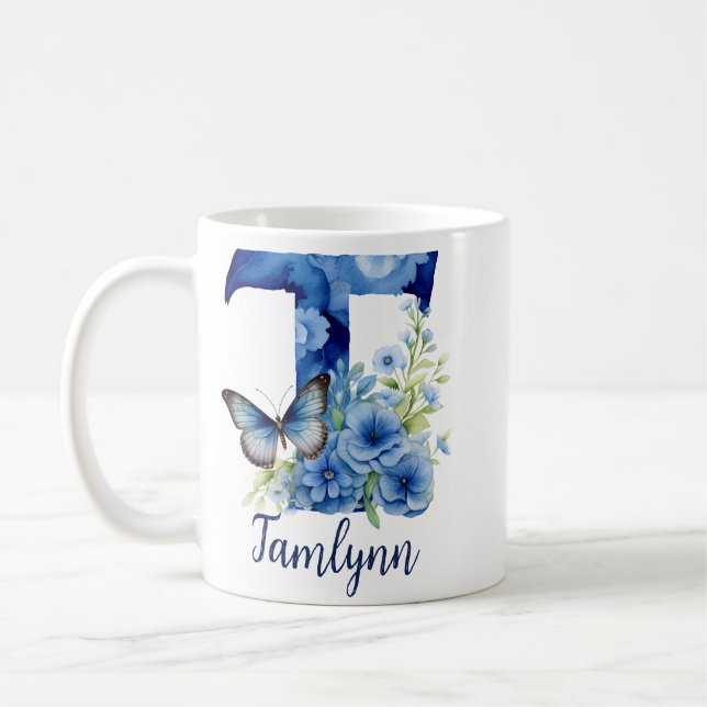 Tasse à café à monogramme floral bleu de 330 ml (Gauche)