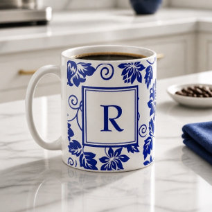 Tasse à café à monogramme motif jardin bleu