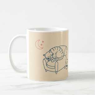 Tasse à café avec dessin au trait de chat endormi