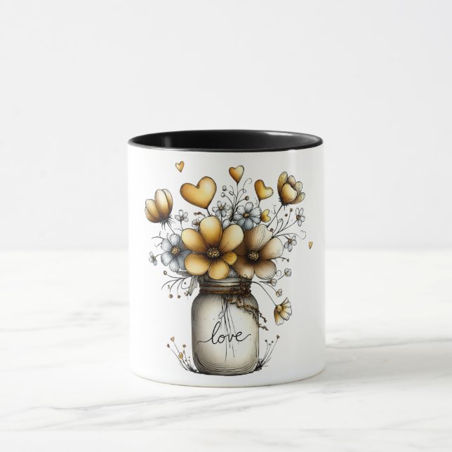 Tasse à café avec pot mason rempli de fleurs (Centre)