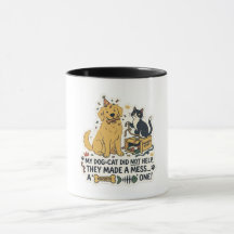 Tasse à café bicolore drôle de chien et chat qui o
