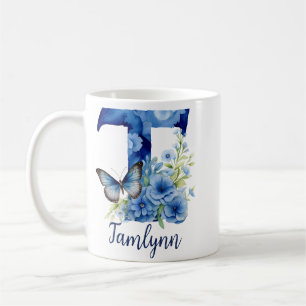 Tasse à café bleu floral monogrammée 11 oz