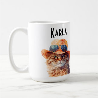 Tasse a café chat roux avec chapeau et lunette.