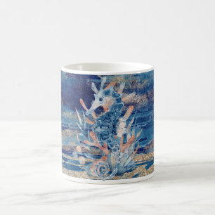Tasse à café en céramique d'art marin bleu côtier