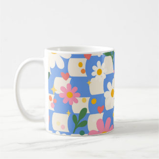 Tasse à café florale à carreaux bleus Daisy Check